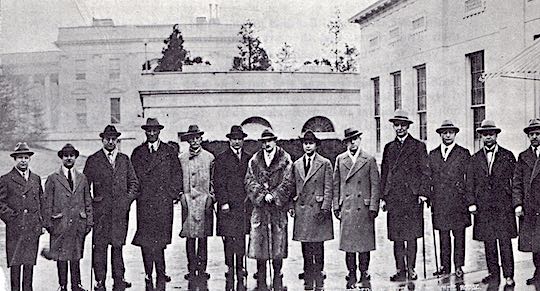 1926 WHITE HOUSE VISIT - On White House grounds, following visit with President Calvin Coolidge. George J. Willias, Arthur G. Stephos, C. J. Critzas, Dr. William A. Ganfield, U. S. Senator Richard P. Ernst (Kentucky), V. I. Chebithes, Nicholas A. Loumos, Dr. S. D. Zaph, Philip Stylianos, Andrew Nickas, Nicholas G. Psaki, P. J. Stamos, Dr. C. J. Demas.