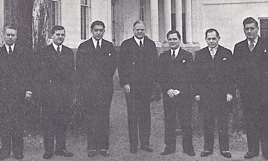 WHITE HOUSE VISIT, 1932. C. R. Nixon, Andrew Jarvis, Harris J. Booras, President Herbert Hoover, Achilles Catsonis, Soterios Nicholson, Peter G. Sikokis.