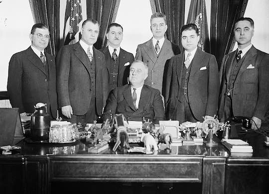 1936 WHITE HOUSE VISIT.  With President Franklin D. Roosevelt are:  Constantine A. Tsangadas, V. I. Chebithes, Thomas D. Lentgis, Charles Preketes, D. G. Michalopoulos, Constantine G. Economou, George K. Demopulos.