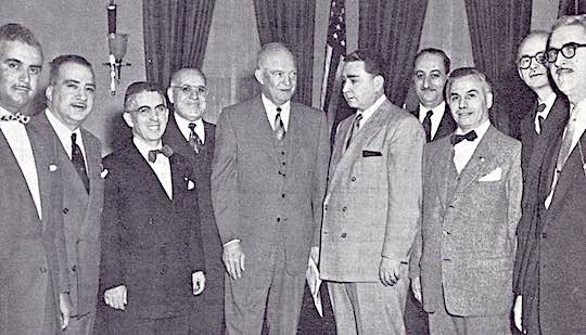 1953 WHITE HOUSE VISIT - With President Dwight D. Eisenhower at the White House are: Peter Kourmoules, Stephen S. Scopas, Peter L. Bell, Speros Zepatos, C. P. Verinis, Speros Versis, Stephen L. Berdalis, Louis J. Dukas